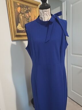 Calvin Klein Royal Blue Sleeveless Sheath Dress with Neck Bow